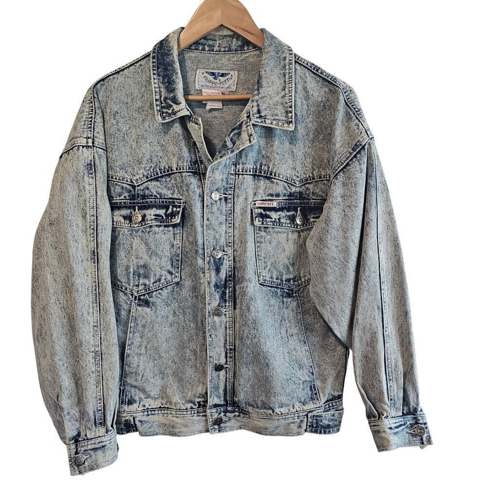 Vintage Denim Jacket Womens Large Blue Acid Wash Retro Glam Rock Oversized Punk